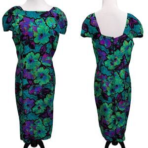 VTG Adrianna Papell Silk Midi Floral Dress Button 10 Green Purple Colorful Gala
